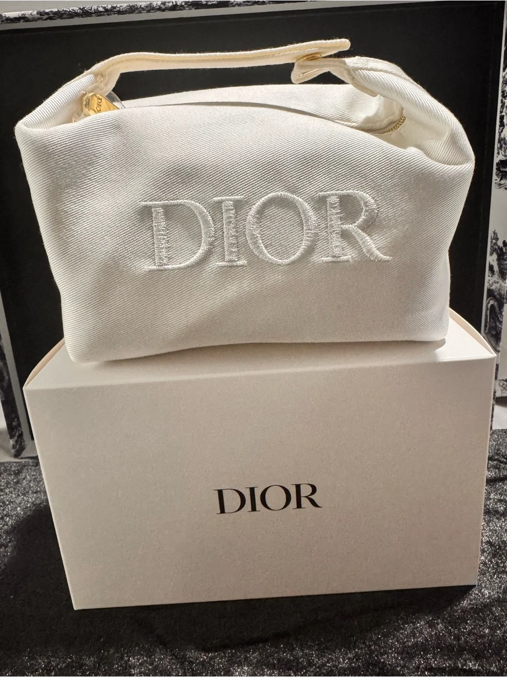 Dior GWP White Embroidered Logo Canvas Cosmetic Pouch